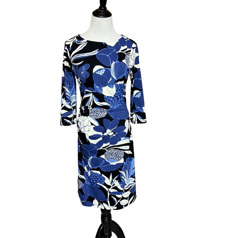 J McLaughlin Size S Blue Floral Catalina Cloth Ruched Sheath Dress 3/4 Sleeve - Picture 15 of 15